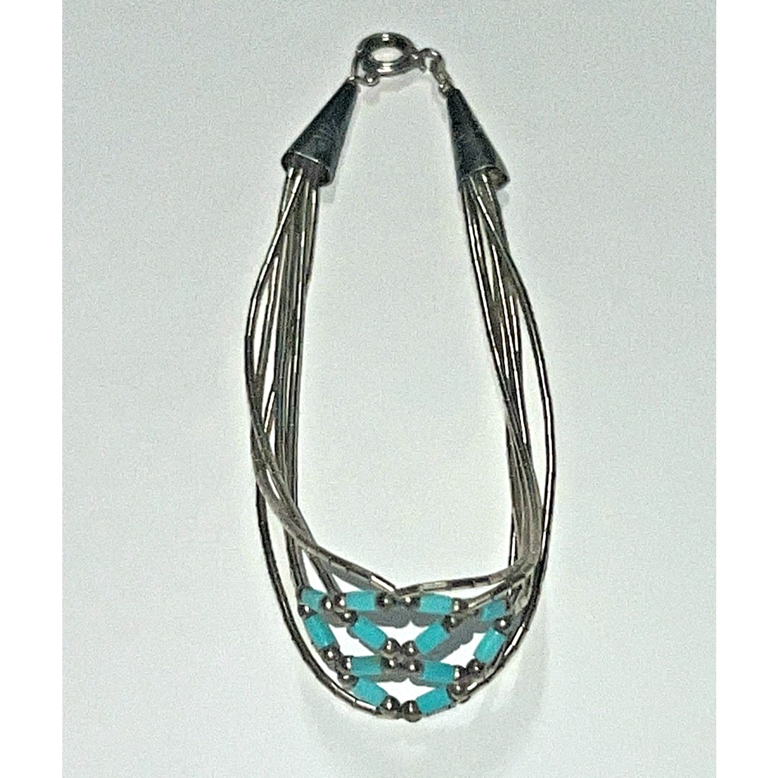 Vintage Sterling Silver Turquoise Beaded Heshi Multi Strand Bracelet 7.5” Native